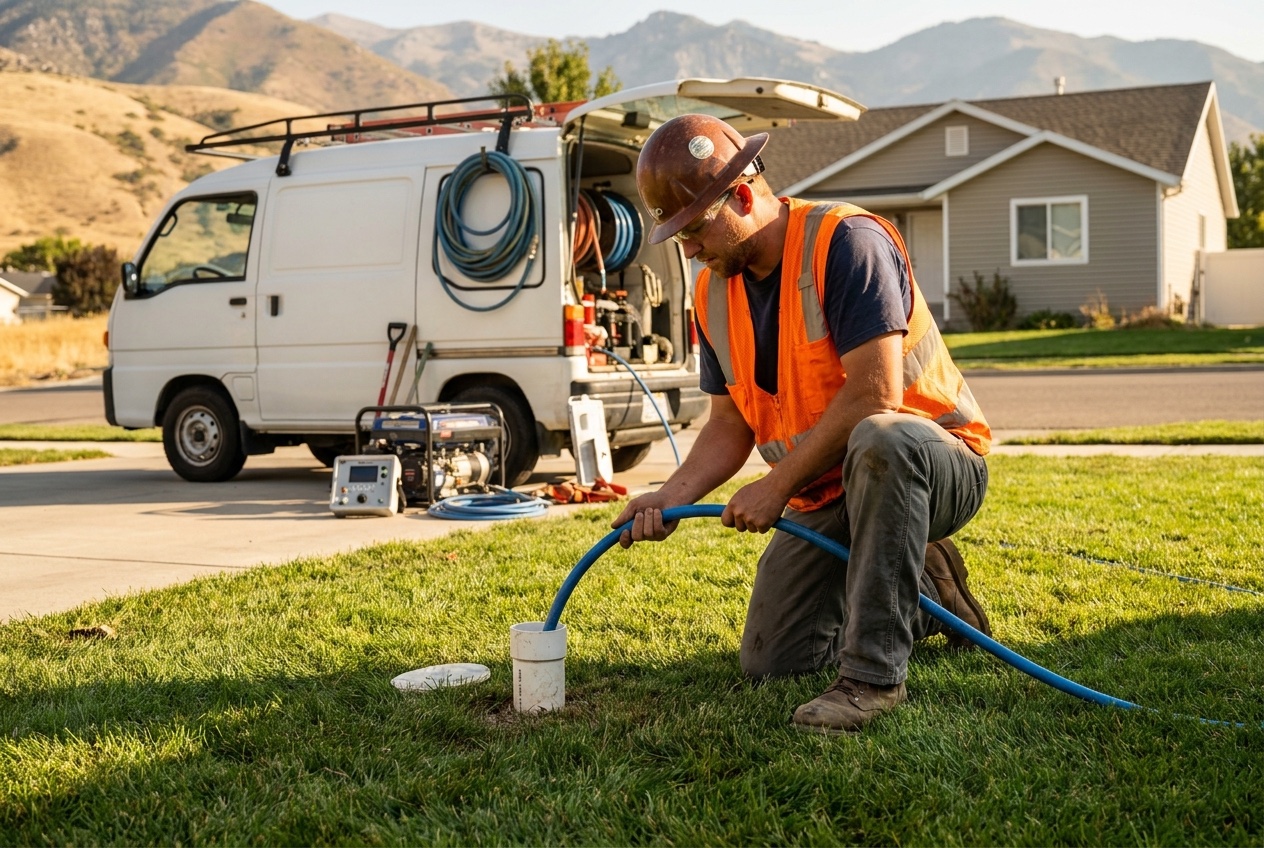 Bortek technician relining a sewer pipe through a cleanout in an intact residential yard in southeast Idaho