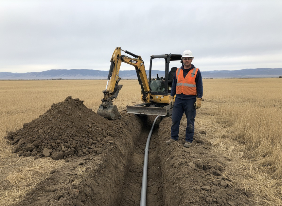 Bortek crew laying pipe in an open utility trench